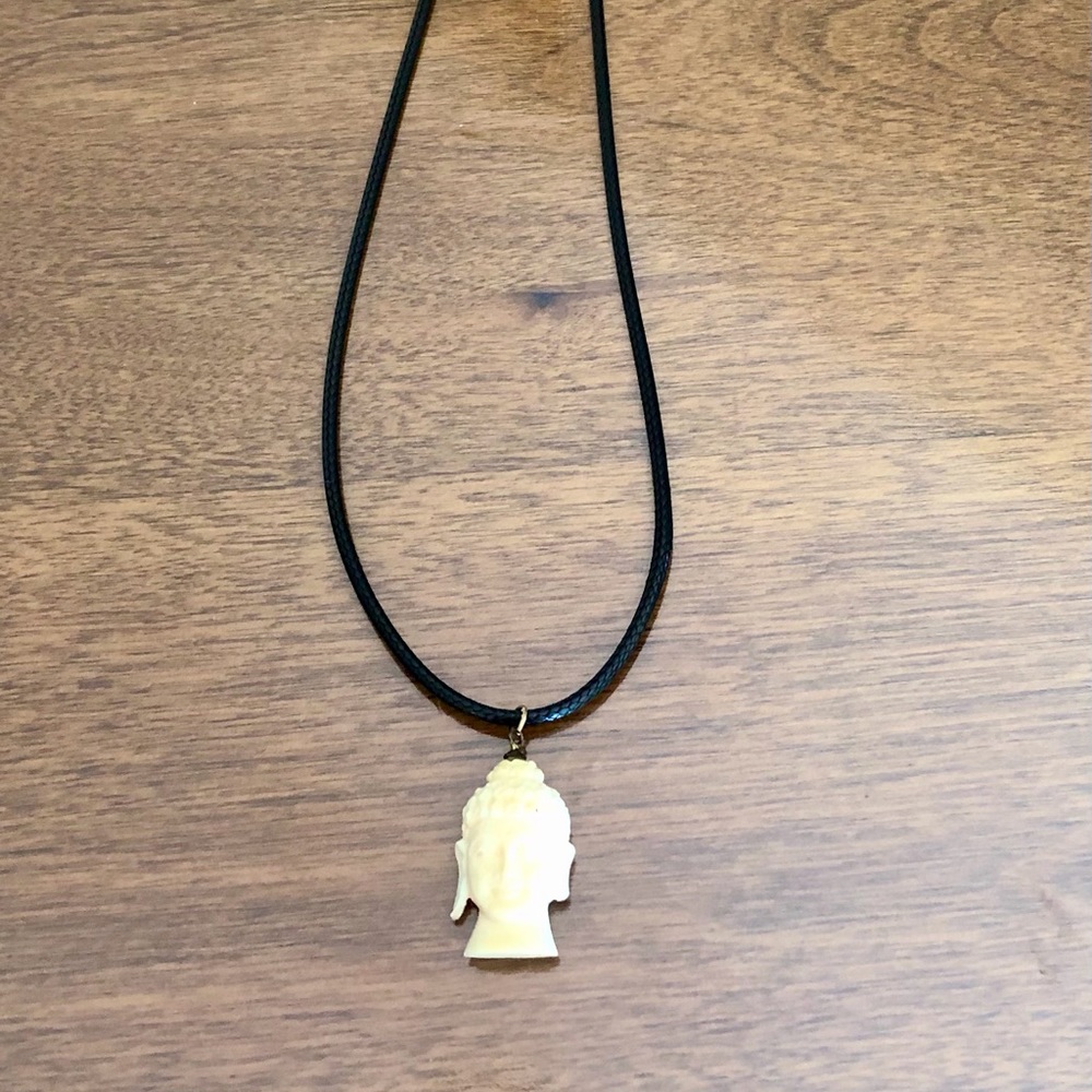 Vintage Boho Ivory Buddha Carved Charm Black Leather Corded Necklace,adjustable!